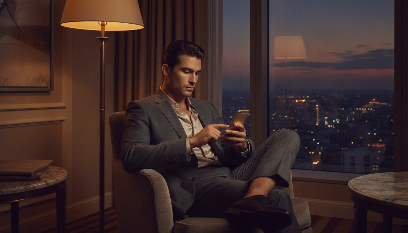 Hombre bien arreglado usa su smartphone relajado en una suite de hotel al atardecer