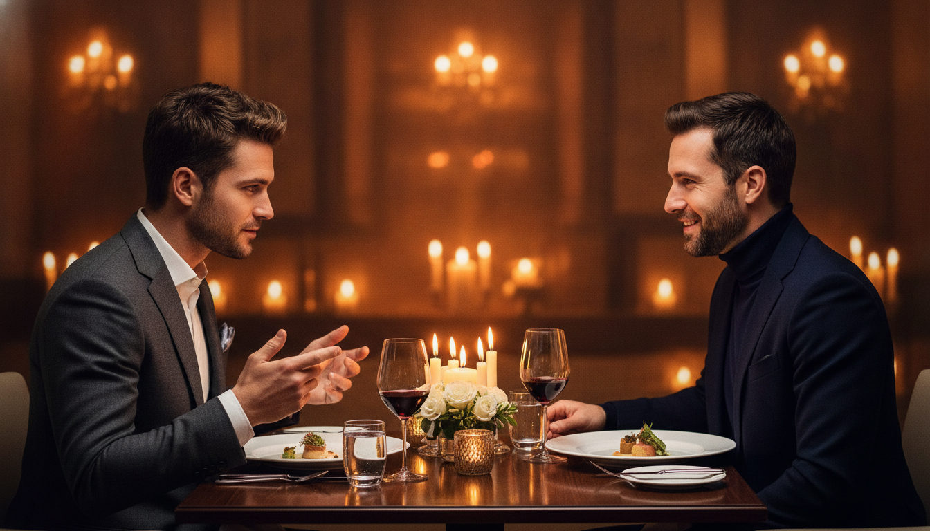 Dos hombres con estilo mantienen una conversación de confianza durante una cena en un restaurante