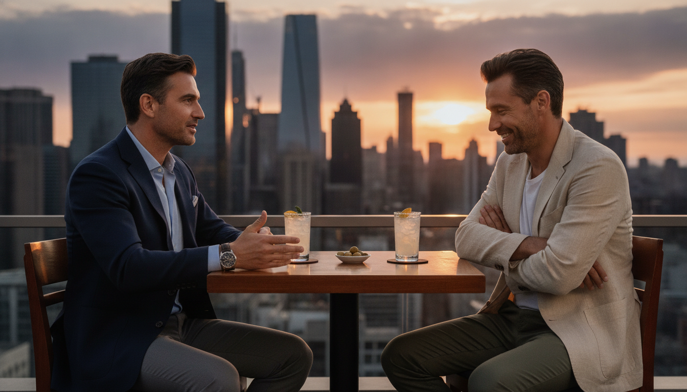 Zwei Männer sprechen entspannt bei Sonnenuntergang auf einer Rooftop-Bar miteinander