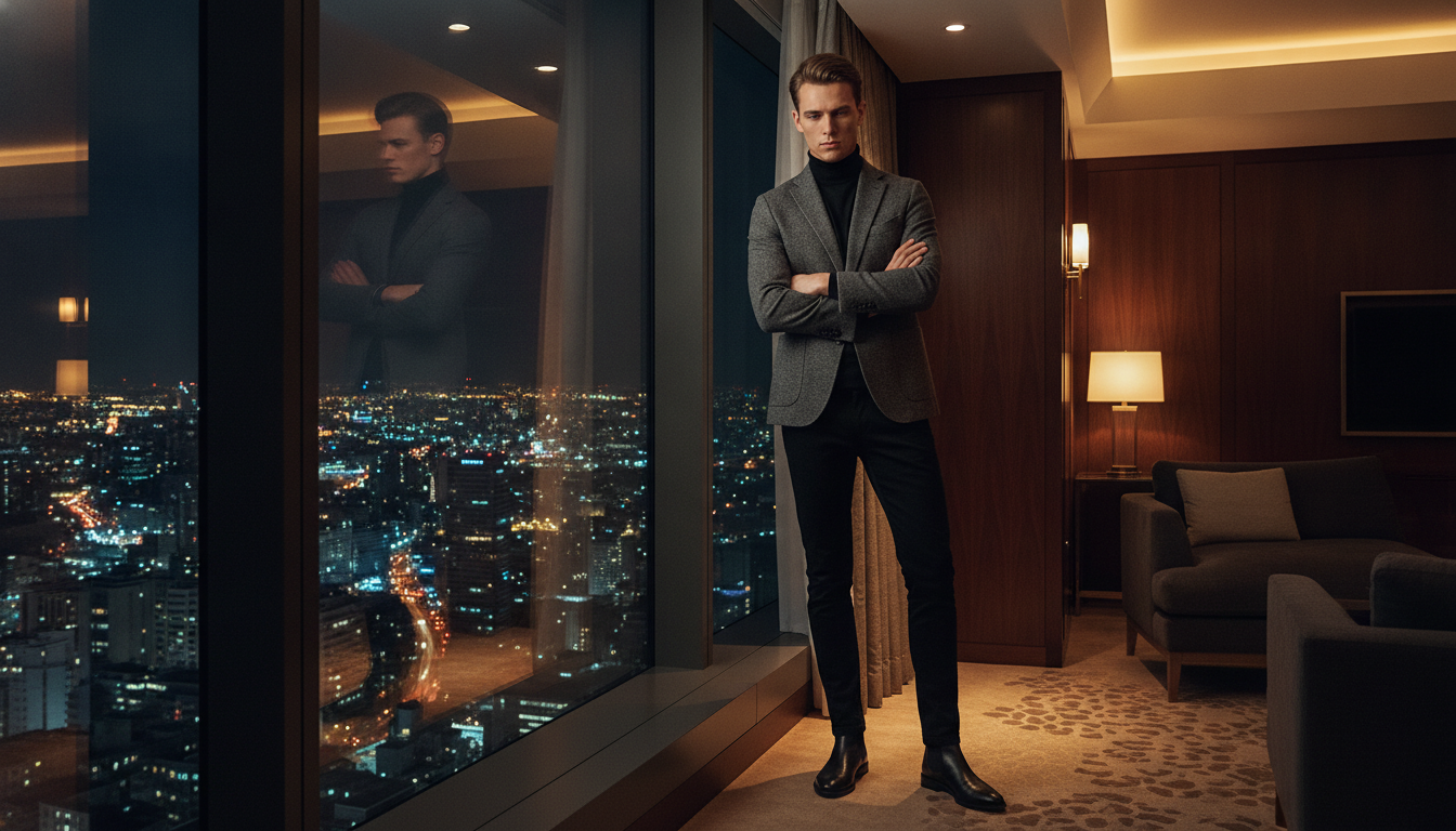 Selbstbewusster Mann am Fenster einer Hotelsuite blickt nachdenklich über die Skyline