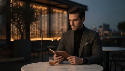 Junger Mann sitzt nachdenklich mit Notizbuch auf Rooftop-Terrasse bei Sonnenuntergang